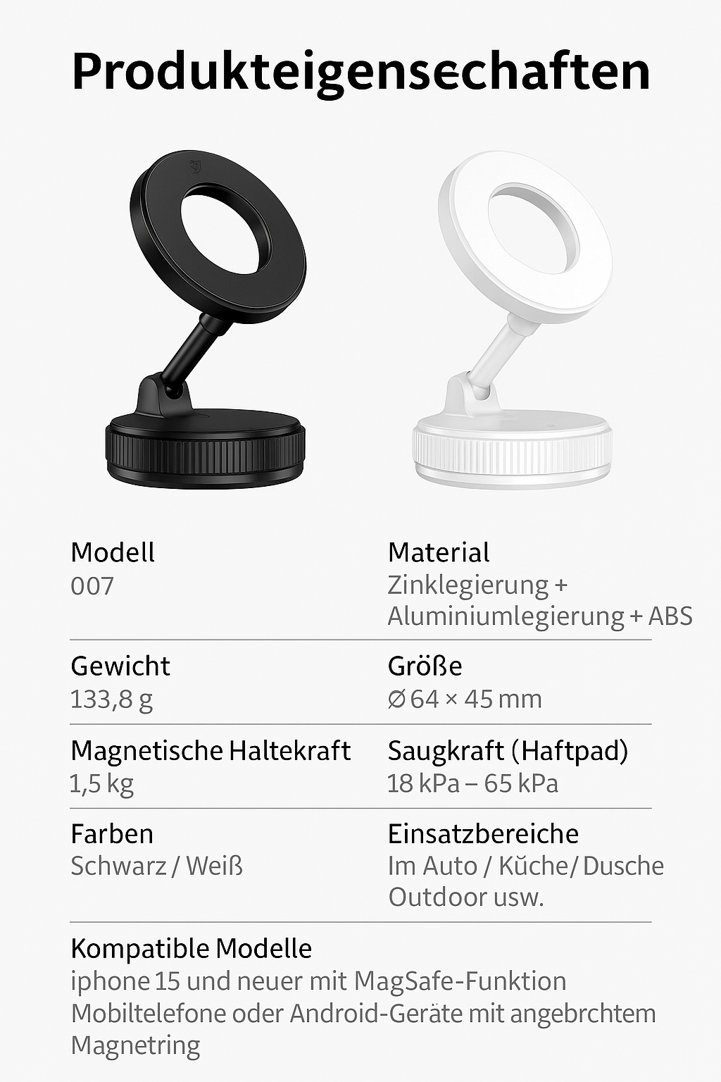 Magnetischer Autotelefonhalter mit 360° Vakuum-Saugnapf